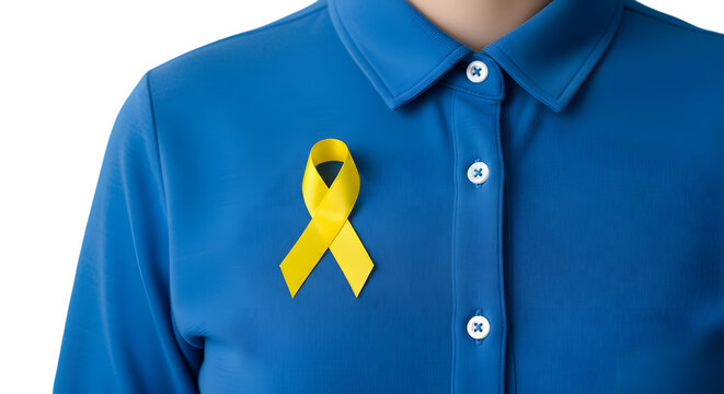 Photo of close up of a yellow ribbon pinned on a blue shirt for down syndrome day isolated on transparent background