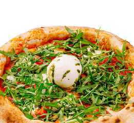 Delicious pizza topped with fresh mozzarella and arugula on a wooden table