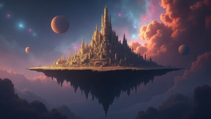 Majestic floating castle city in a vibrant nebula sky