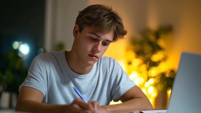 Young man diligently completing his college application in a cozy home setting.