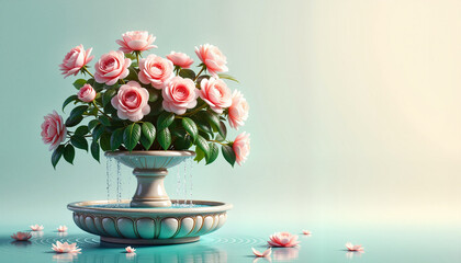 Rose blossoms in a fountain with water reflections, for greeting cards with space for text
