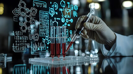 Gloved hand using pipette to add liquid to test tubes in a modern lab setting. Futuristic digital interface in background. Ideal for medical, scientific, and technological concepts.