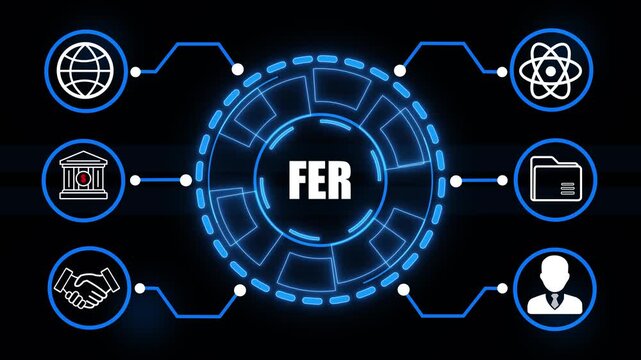Digital infographic with glowing blue lines and icons on black background displaying the letters FER . 4k video