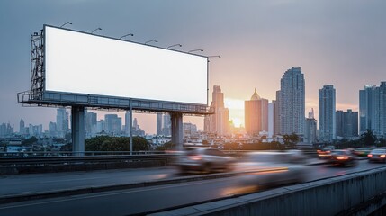 Blank Billboard Mockup Overlooking Cityscape at Sunset with Traffic, Ideal for Advertising and Marketing Campaigns