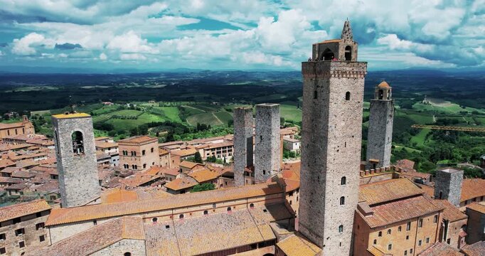 Aerial view of San Gimignano in Siena, Tuscany, showcasing its iconic medieval towers and picturesque surroundings