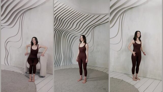 pose for learning to pose a woman against a wall, arms raised to her shoulders, legs crossed, soft light.