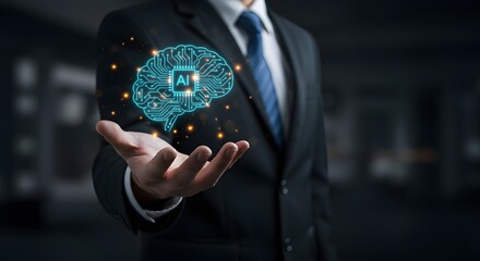 A businessman in a suit holds a glowing, stylized brain with "AI" in the center, representing artificial intelligence.
