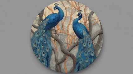 Fototapeta premium A circular artwork showcases two elegant peacocks with vibrant blue plumage and decorative tail feathers
