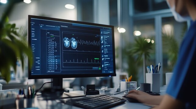detailed virtual checkup process with step-by-step interface on monitor,
