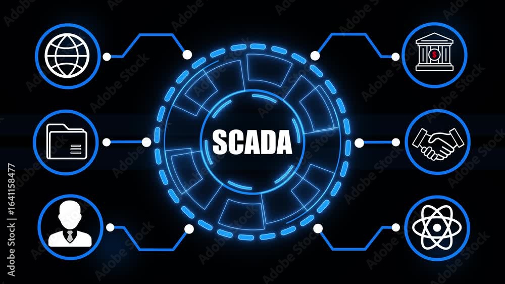 Poster futuristic digital infographic with glowing blue lines connecting icons of globe folder user handsha