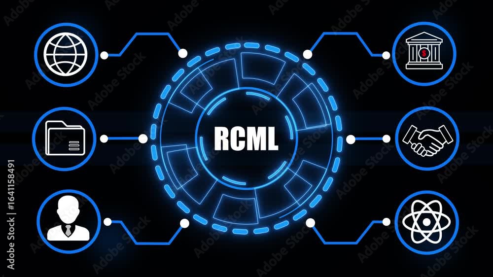 Poster futuristic digital infographic with glowing blue lines connecting icons of globe folder user handsha