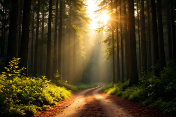 Fototapeta premium Sunlit Forest Path Serene Journey Through Majestic Woodland Trees