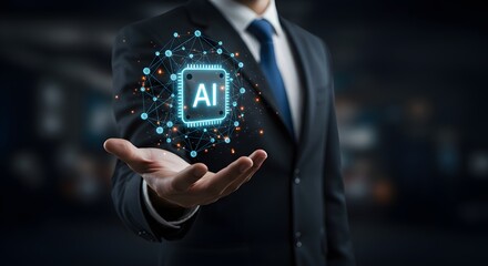 Businessman presents an AI chip floating above his open palm, surrounded by a connected network.
