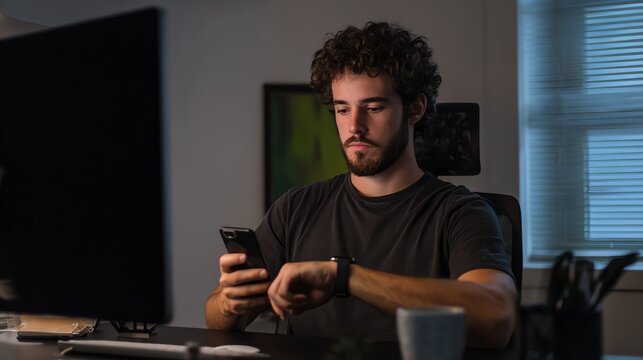 A young man with curly hair checks his smartwatch while holding a phone, sitting at a desk with a laptop in a dimly lit room.