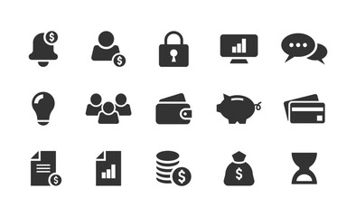 Business and marketing icons set. Financial report, profit, analysis, team, promotion, investments and savings.