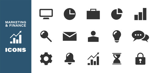Marketing and finance icon set. Money, report, profit, growth, ideas, analysis, promotion, time. Business icon collection