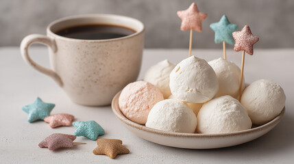 Fototapeta premium A delicious setup of homemade vanilla mini zephyr-marshmallows filled with rose jam, served with a refreshing coffee drink