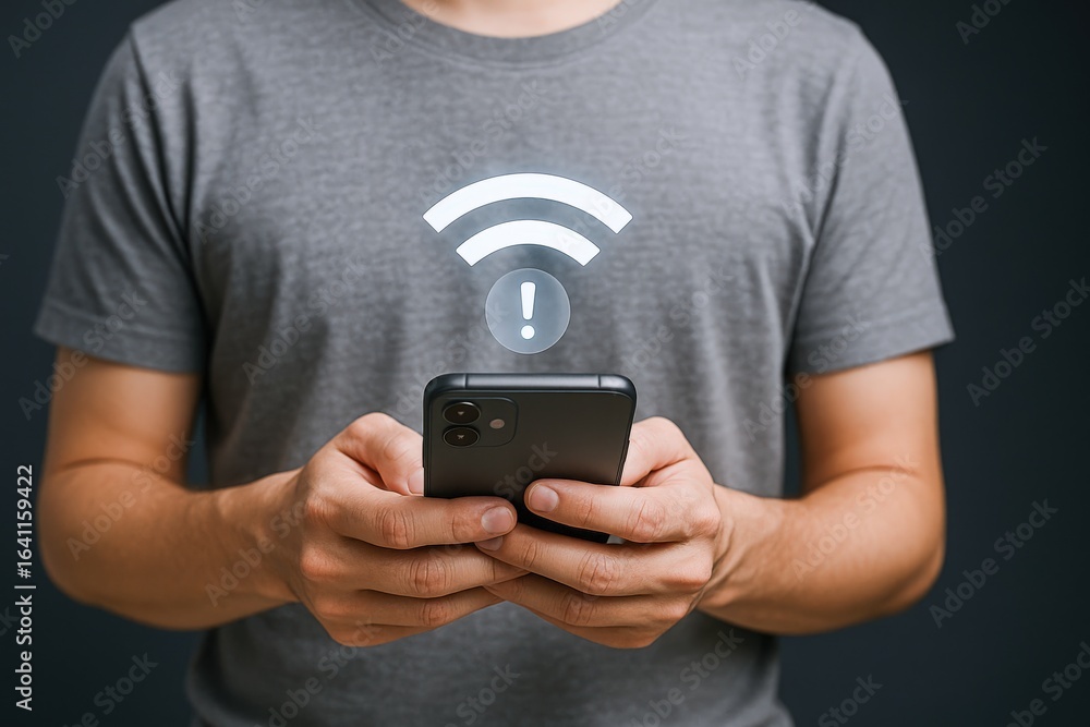 Poster man holding smartphone displaying a no wifi connection icon, symbolizing network outage and digital 