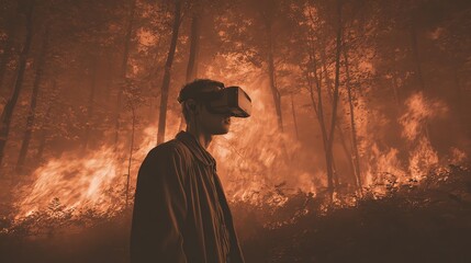 A person wearing a VR headset stands in a forest engulfed by intense wildfire flames and smoke.