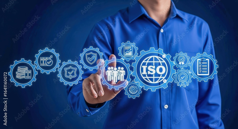 Poster quality management system implementation: conceptual image of man pointing to digital standard compl