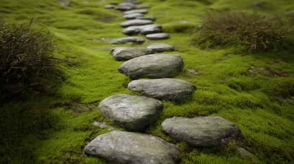 Naklejka premium A serene stone pathway winds through lush, vibrant green moss and small bushes, creating a peaceful natural scene.