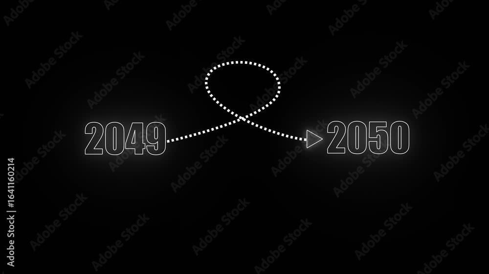 Poster neon glowing numbers 2049 and 2050 connected by a dotted white line loop on a black background year 