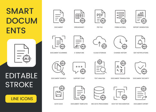 A set of vector icons representing AI-powered smart document processing and automation tools, created in line style with editable stroke