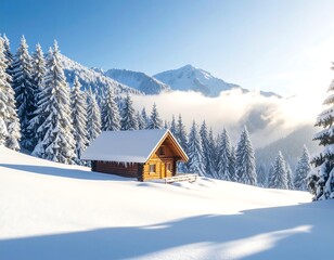 Fototapeta premium Snowy mountain scene with a cozy wooden cabin