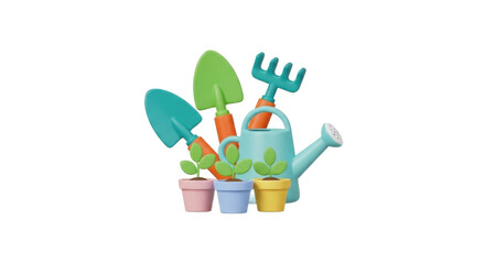 Indoor plant pots with green garden tools