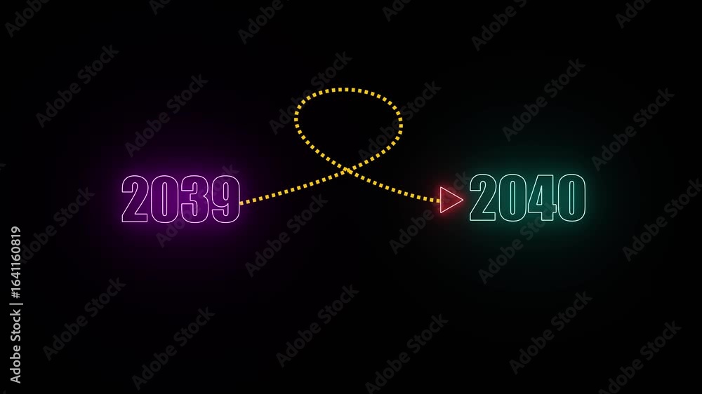 Poster neon numbers 2039 and 2040 connected by a dotted loop and arrow on black year future . 4k video