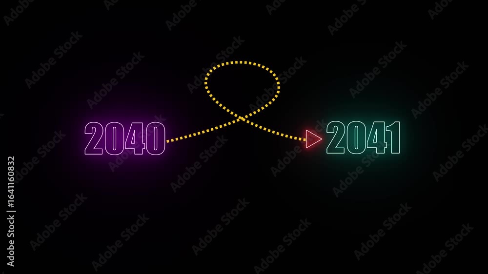 Poster neon numbers 2040 and 2041 connected by a dotted loop and arrow on black year future . 4k video