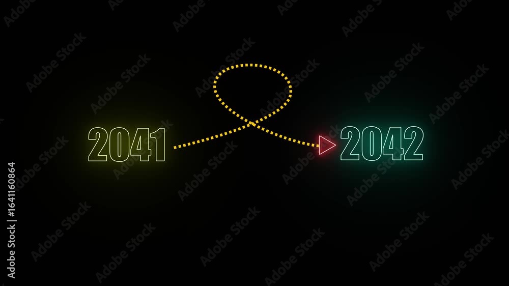 Poster neon numbers 2041 in yellow and 2042 in teal connected by a dotted yellow line loop and arrow on a b