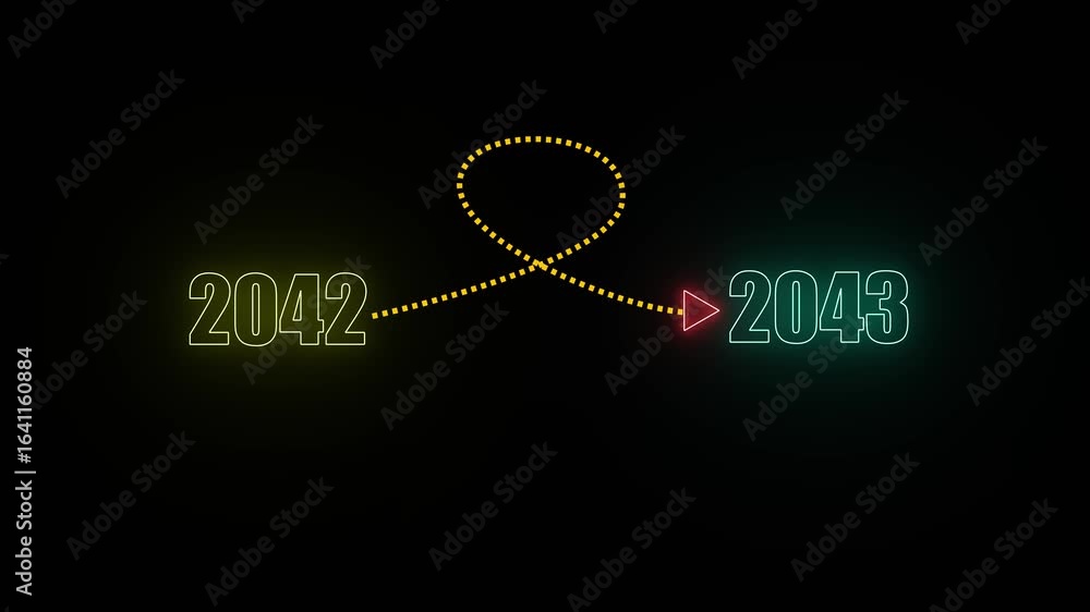 Poster neon numbers 2042 in yellow and 2043 in teal connected by a dotted yellow line loop and arrow on a b