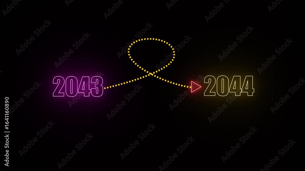 Poster neon numbers 2043 and 2044 connected by a dotted yellow loop arrow on black background year future .