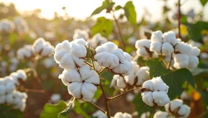Obraz premium Cotton Field in Sunlight Fluffy White Bolls Growing in Agricultural Landscape.