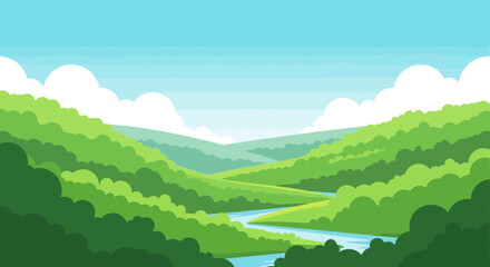 Cartoon Flat Landscape With Green Hills, River and Sky Serene Nature View