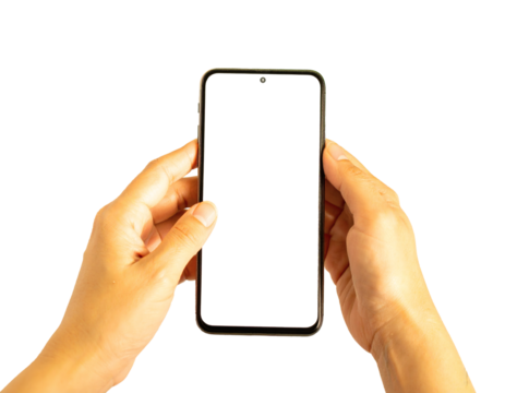 Hands Holding and Tapping a Blank Screen Smartphone on transparant background, isolated, clipping path., Modern Photo Collage.