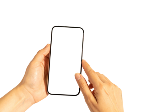 Hands Holding and Tapping a Blank Screen Smartphone on transparant background, isolated, clipping path., Modern Photo Collage.