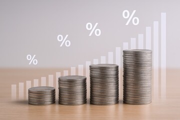 Stacks of Coins Representing Growth with Percentage Symbols, Illustrating Financial Success and Increasing Profits