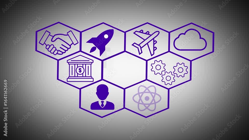 Fototapete purple outline icons of business concepts arranged in honeycomb structure on gradient background fin