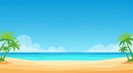 Obraz premium Serene tropical beach scene with vibrant blue sky and palm trees