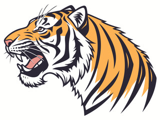 Majestic tiger head profile, stylized vector graphic. A bold, stylized vector graphic of a tiger's head in profile view. 