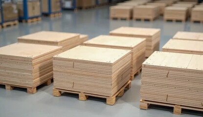 Obraz premium Neatly stacked flat-pack furniture panels with smooth laminated surfaces, arranged on wooden pallets inside a clean, organized warehouse environment