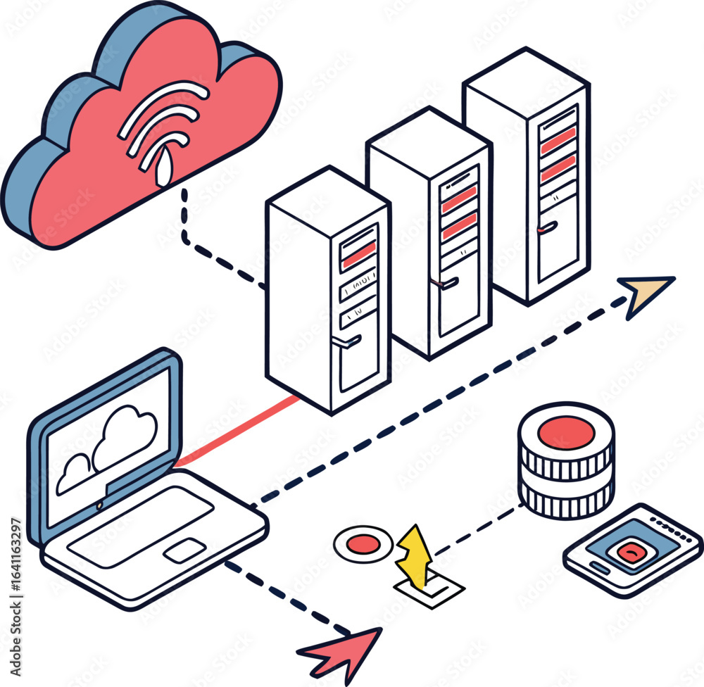Poster vector isometric infographic illustration of cloud computing diagram showing data technology and bus