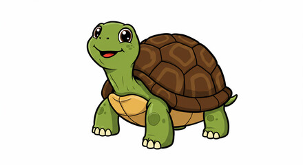 Cartoon illustration of a smiling, green turtle with a brown shell, standing on a white background.