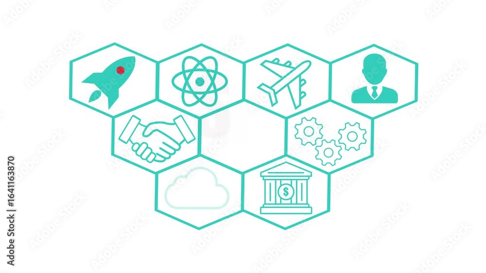 Poster teal hexagonal grid with icons of rocket atom airplane handshake and businessman on white background