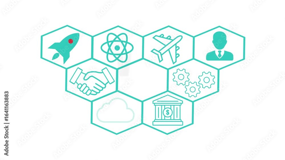 Poster teal hexagonal grid with icons of rocket atom airplane handshake and businessman on white background