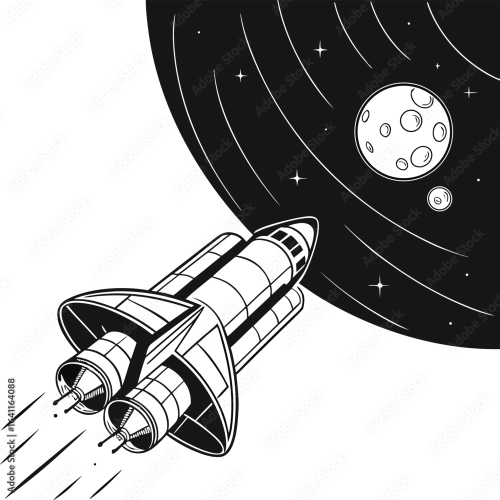 Aufkleber Hand-drawn sketch of a space shuttle and rocket launch with technology icons on paper