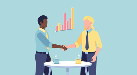 Fototapeta premium Two business people shaking hands over a table with coffee, a rising graph in the background.