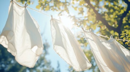 Sun-drenched Laundry: White Sheets Drying in Bright Sunlight, Summer Day.